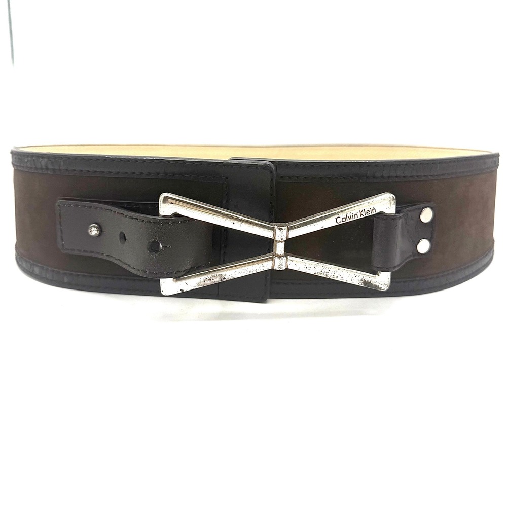 Wide Leather Cinch Waist Belt Brown Calvin Klein Large Silver Geometric Buckle